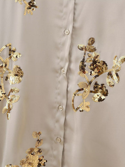 🍒Sequin two piece set long sleeve shirt top with elasticated waist party trousers smart casual clothing occasion outfit for women holiday vacation clothes for beach party Suitable Satin