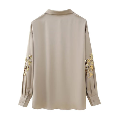 🍒Sequin two piece set long sleeve shirt top with elasticated waist party trousers smart casual clothing occasion outfit for women holiday vacation clothes for beach party Suitable Satin