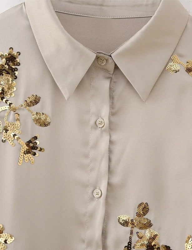 🍒Sequin two piece set long sleeve shirt top with elasticated waist party trousers smart casual clothing occasion outfit for women holiday vacation clothes for beach party Suitable Satin