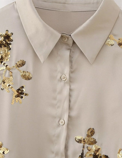 🍒Sequin two piece set long sleeve shirt top with elasticated waist party trousers smart casual clothing occasion outfit for women holiday vacation clothes for beach party Suitable Satin