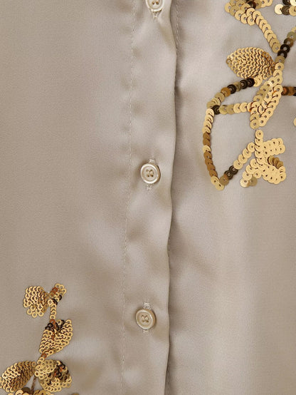 🍒Sequin two piece set long sleeve shirt top with elasticated waist party trousers smart casual clothing occasion outfit for women holiday vacation clothes for beach party Suitable Satin