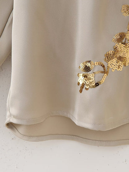 🍒Sequin two piece set long sleeve shirt top with elasticated waist party trousers smart casual clothing occasion outfit for women holiday vacation clothes for beach party Suitable Satin