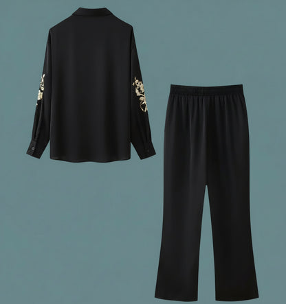 🍒Sequin two piece set long sleeve shirt top with elasticated waist party trousers smart casual clothing occasion outfit for women holiday vacation clothes for beach party Suitable Satin