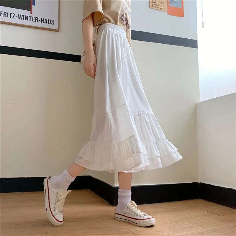 🍒 Tiered skirt with elastic waist band women's white a-line tiered skirt outfit summer clothing chic smart casual fashion elegant office wear for ladies Crisp Wispy Gypsy