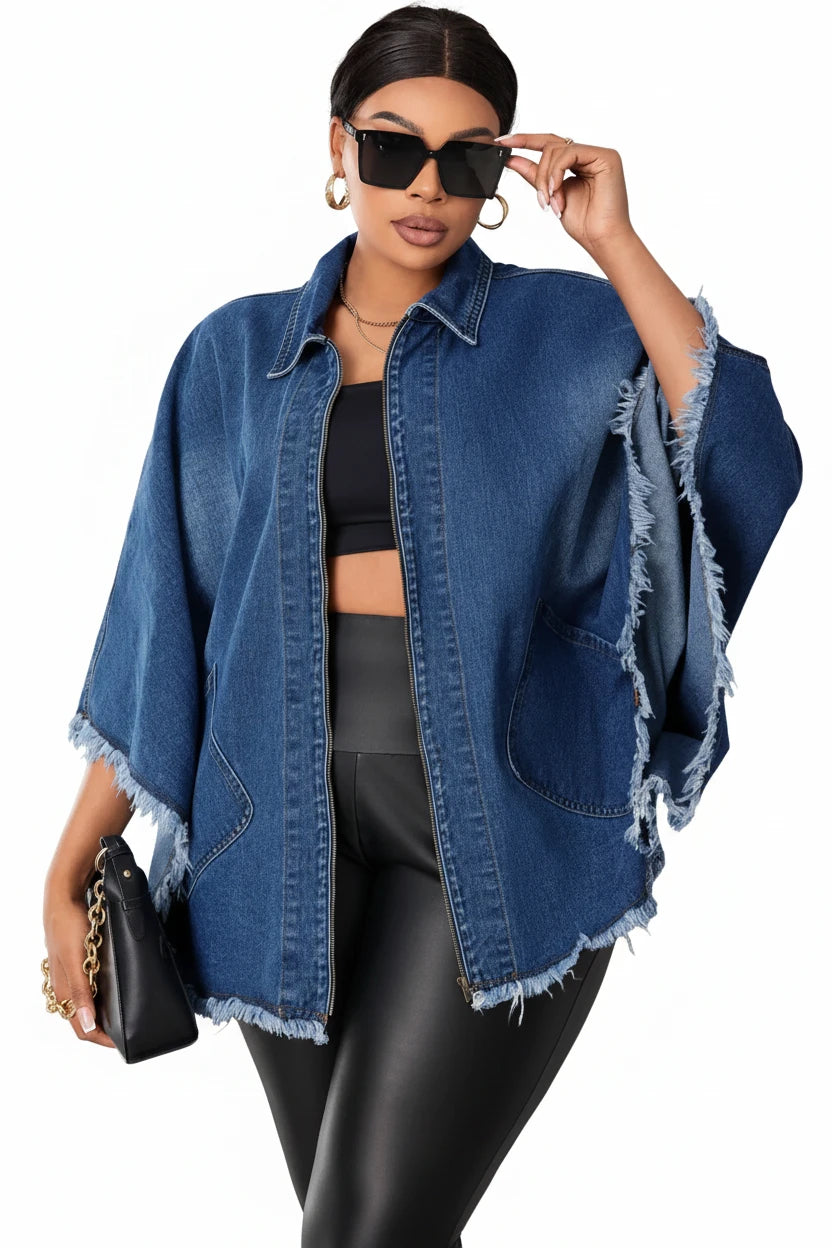 🍒Denim jacket women y2k pocket coat zipper poncho with turn down collar batwing sleeves  outerwear loose casual BAT For The DENIM team And WINg