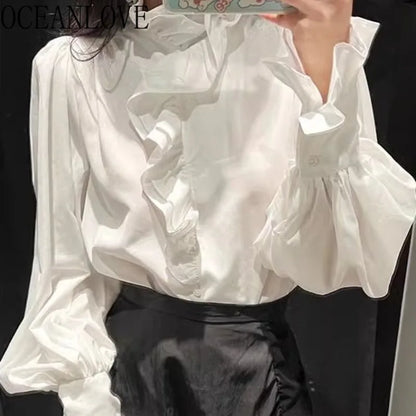 🍒French white ruffle blouse women long sleeve asymmetrical stand collar chic shirt retro pleated office commuter soft sweet tops occasion clothing smart casual wear Balance Ruffles In Your purse with this Asymetric