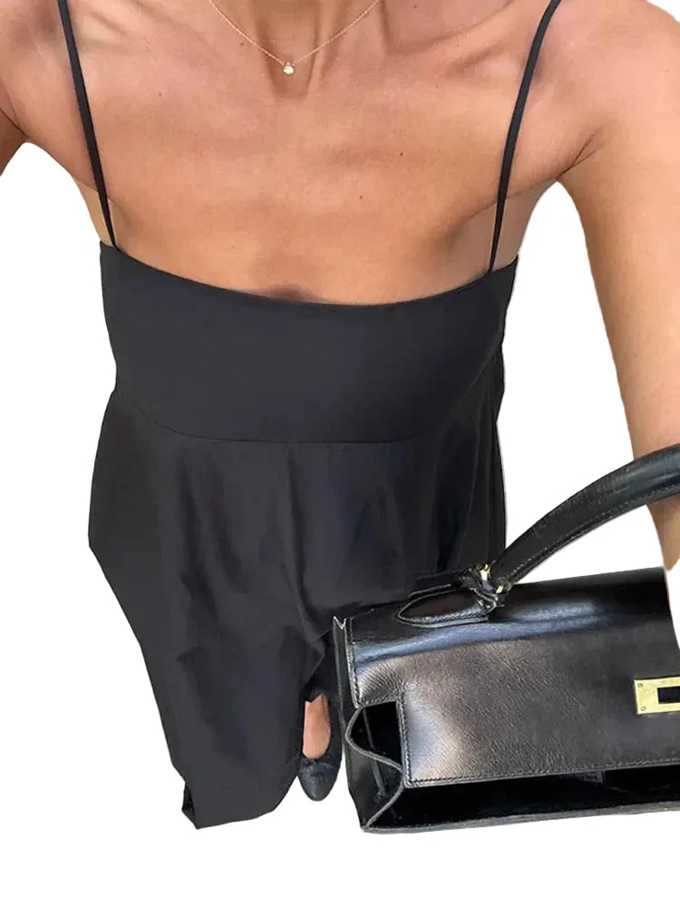 🍒Solid backless spaghetti strap dress women's summer fashion loose high waist a-line outfit summer holiday wear Back Black