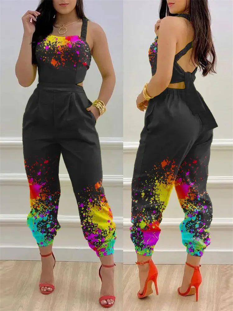 🍒Summer printed jumpsuit backless with straps fashion sleeveless one piece casual wear womens romper outfit with bows pocket trousers Overall Colourful Cool