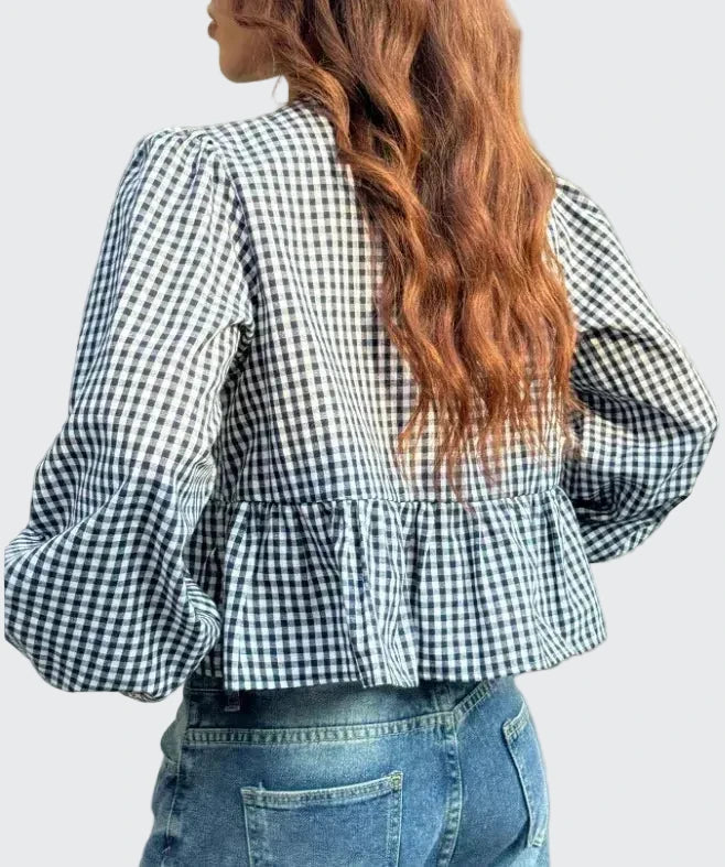 🍒Shirt Women casual blouses spring jacket printed check blouse with bows in front round collar puff sleeve overshirt sweet smart casual female clothes spring Summer wear  Bring Some BOW Beauty And CHECK The Compliments