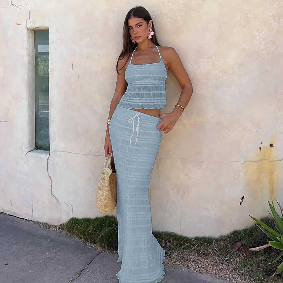 🍒Chiffon two piece set womens summer fashion halter crop top and maxi skirt fashion clothing beach party wear holiday wear smart casual clothes Delicately Delightful
