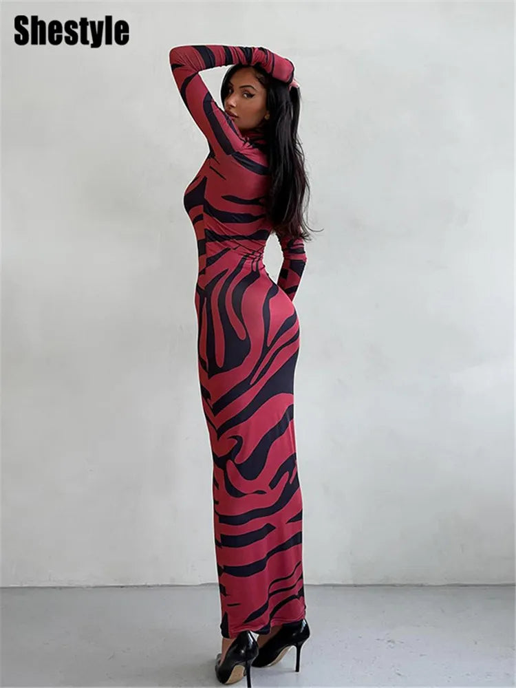 🍒Red striped long dress womens bodycon turtle neck zebra print mesh outfit clubwear party occasion wear clothing                       Catwalk Your Tiger