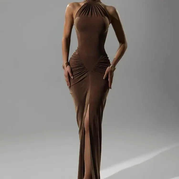 🍒sleeveless maxi dress ruched sides turtle neck fashion women bodycon with slit Prom wear occasion party wear curvy evening wear