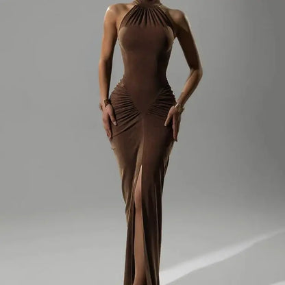 🍒sleeveless maxi dress ruched sides turtle neck fashion women bodycon with slit Prom wear occasion party wear curvy evening wear