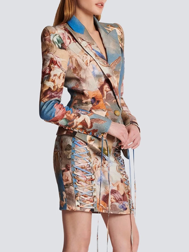 🍒Womens vintage printed blazer long sleeve button Jacket plus cross lace-up mini slim skirts sets evening wear clothing cherub classic print suit occasion party wear CROSS out boring SUITs on your list and get CLASSIC