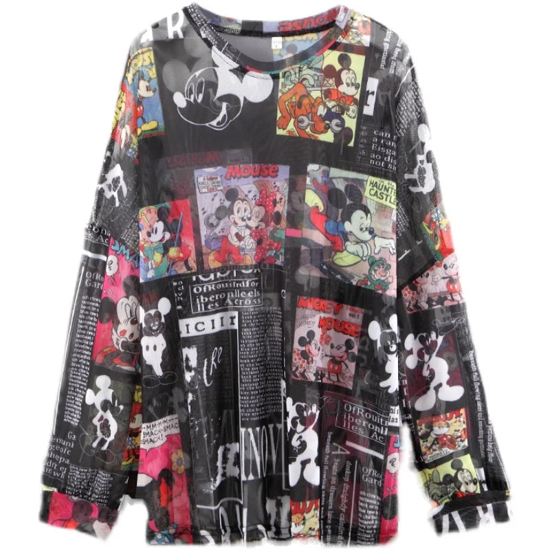 🍒Cartoon print full sleeve t-shirt casual tops trendy sun protection tee women sheer summer clothing simple beach wear for women Toon Into Toons