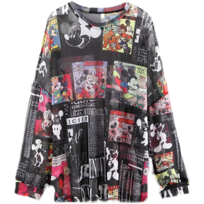 🍒Cartoon print full sleeve t-shirt casual tops trendy sun protection tee women sheer summer clothing simple beach wear for women Toon Into Toons