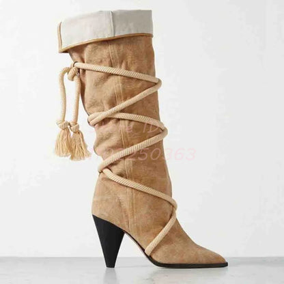 🍒Retro boots cross-tied shaped heel solid brown pointed toe shoes lace-up fringe mid-calf boots women fashion footwear Retro Roads