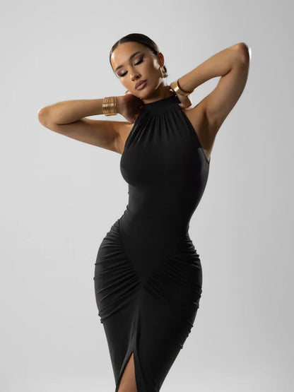 🍒Ahagaga Party Women's Maxi Dresses Sexy Solid Turtleneck Halter Sheath Folds Fashion Split Slim Fit Bodyson Sleeveless Vestidos