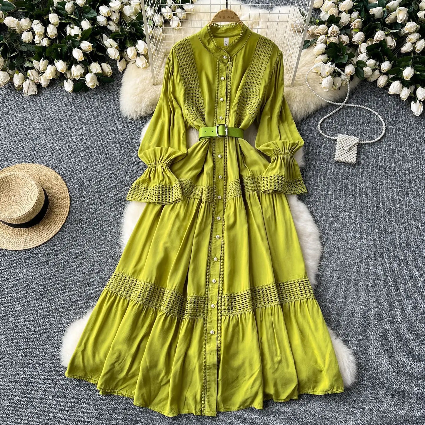 🍒Stand collar maxi dress a-line elegant single breasted smart casual women puff seeve outfit single breasted shirt dresses high waist Y2k fashion vintage style clothimg Get A ComPLEAT Look