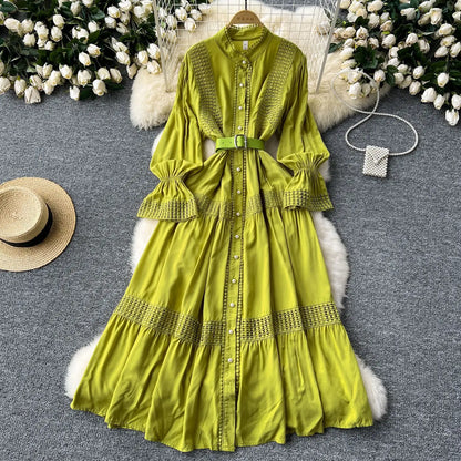 🍒Stand collar maxi dress a-line elegant single breasted smart casual women puff seeve outfit single breasted shirt dresses high waist Y2k fashion vintage style clothimg Get A ComPLEAT Look