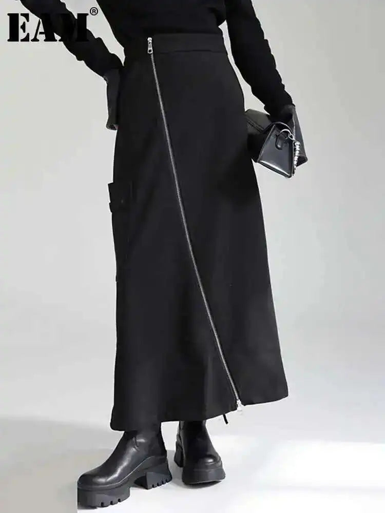 🍒High waist irregular long skirt black with slit zipper and pocket midi fashion long smart casual clothing for women party occasion wear Zip This Up And Look Lovely In Liquorise