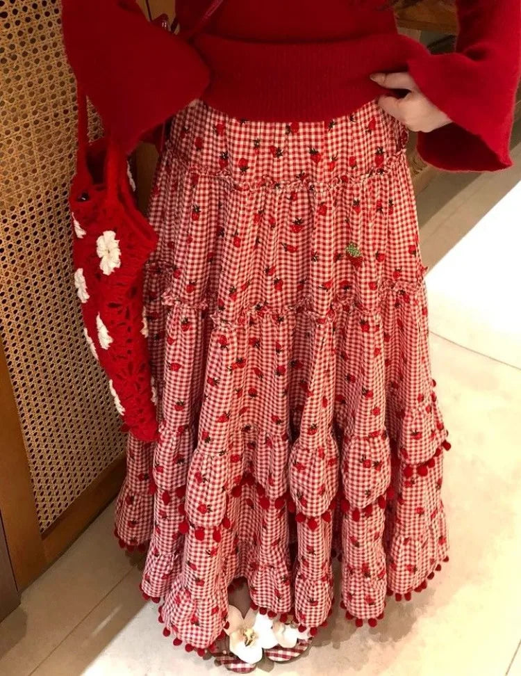 🍒Layered maxi skirt for women strawberry ball stretch high waisted fashion vintage clothing elegant loose long skirt female summer casual wear Get This Skirt And Put The Cream On Your Strawberry