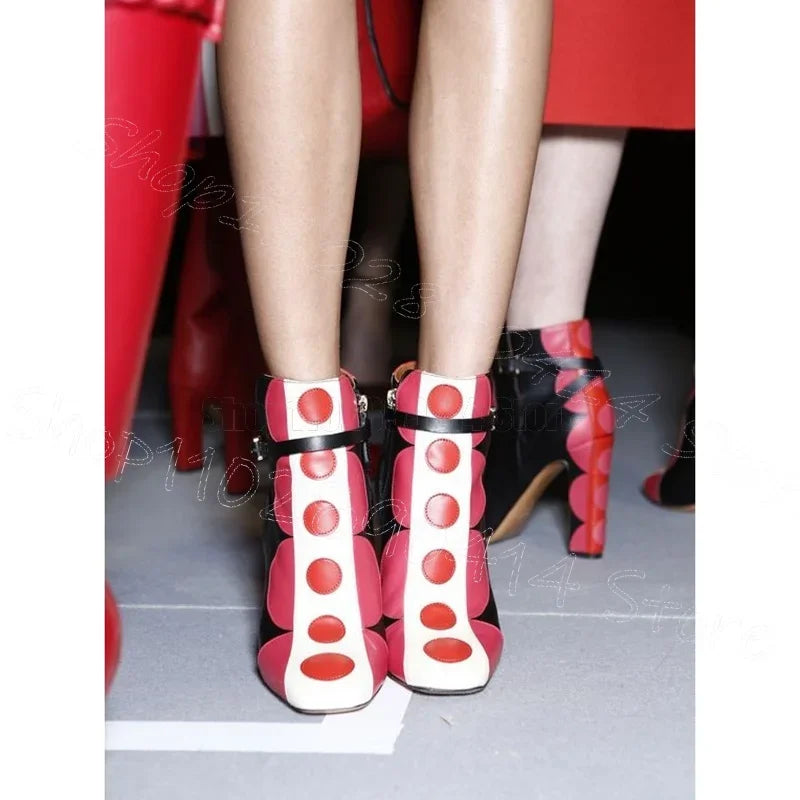 🍒Mixed colour short boots genuine leather wave point print buckle ankle high heel booties with side zipper women polka dot shoes chunky heels with square toe party occassion footwear Digit These Dots In your Cool shop