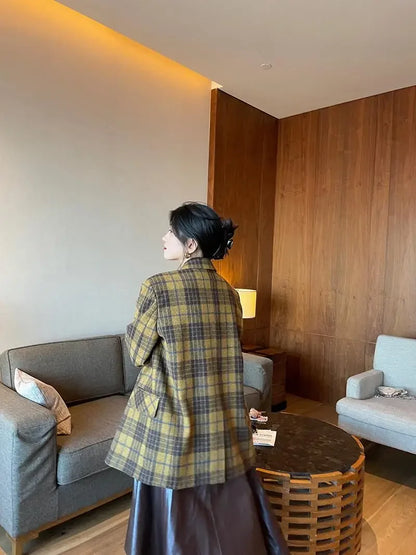 🍒Womens brown blazer vintage wool plaid Jacket autumn winter british style trendy eye catching yellow check coat long sleeve female smart casual clothing Chunky Check Charm
