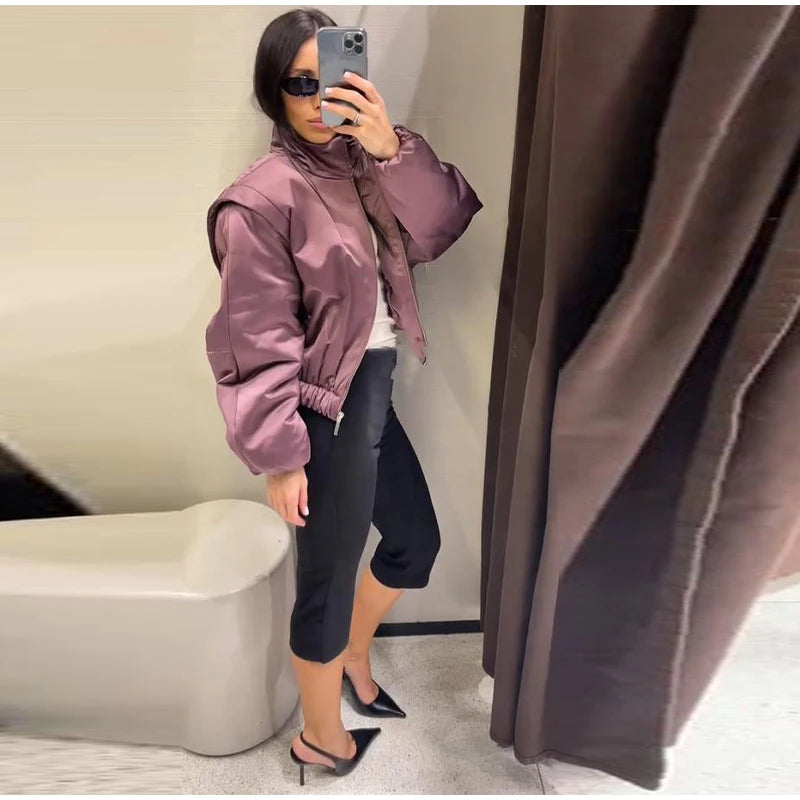 🍒Long sleeve bomber jacket women zipper with stand collar outerwear short casual coat solid chic female sateen clothing fashion   Get Into Mauve