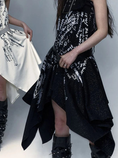 🍒Irregular letter print skirt shark bite skirt high waist long for women's y2k aesthetic vintage fashion streetwear Word On The Street These Are Cool Clothes