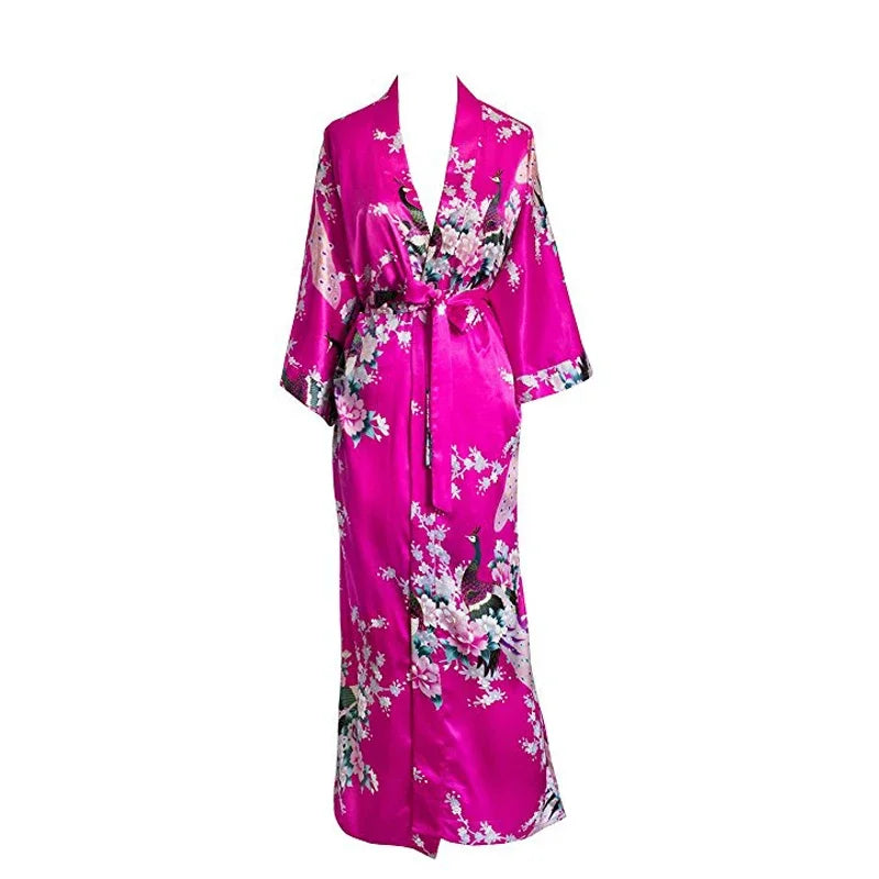 🍒Satin robe women plus size  with flowers peacock print kimono lounge gowns for women bride bridesmaid wedding bathrobe silky nighrwear Sittin' Satin Style