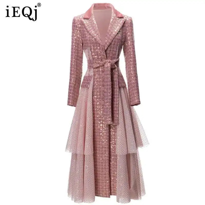 🍒Sequin trench coat design with mesh long sleeve coat with belt for women special occasion outerwear with fitted waist single breasted fashion feminine outdoor clothing