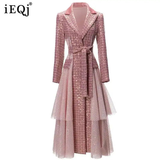 🍒Sequin trench coat design with mesh long sleeve coat with belt for women special occasion outerwear with fitted waist single breasted fashion feminine outdoor clothing