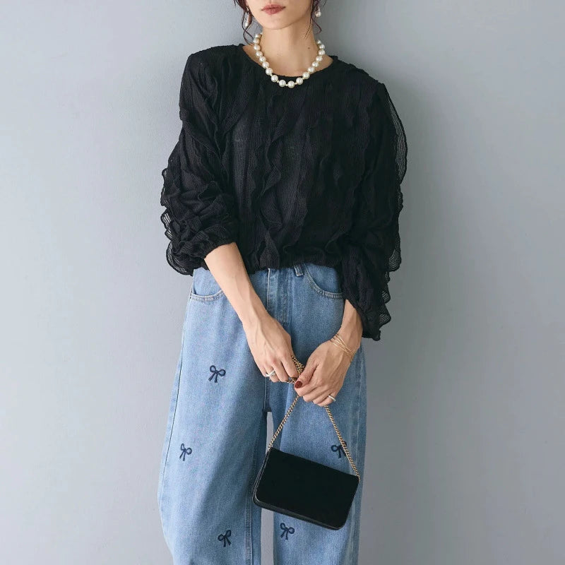 🍒Long slleeved ruffle blouse smart casual dress shirts niche ruffle edge round neck long sleeve party tops for women Get The Edge With A Ruffle