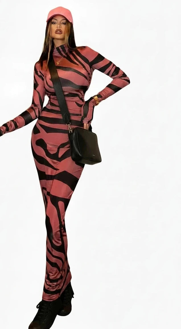 🍒Red striped long dress womens bodycon turtle neck zebra print mesh outfit clubwear party occasion wear clothing                       Catwalk Your Tiger