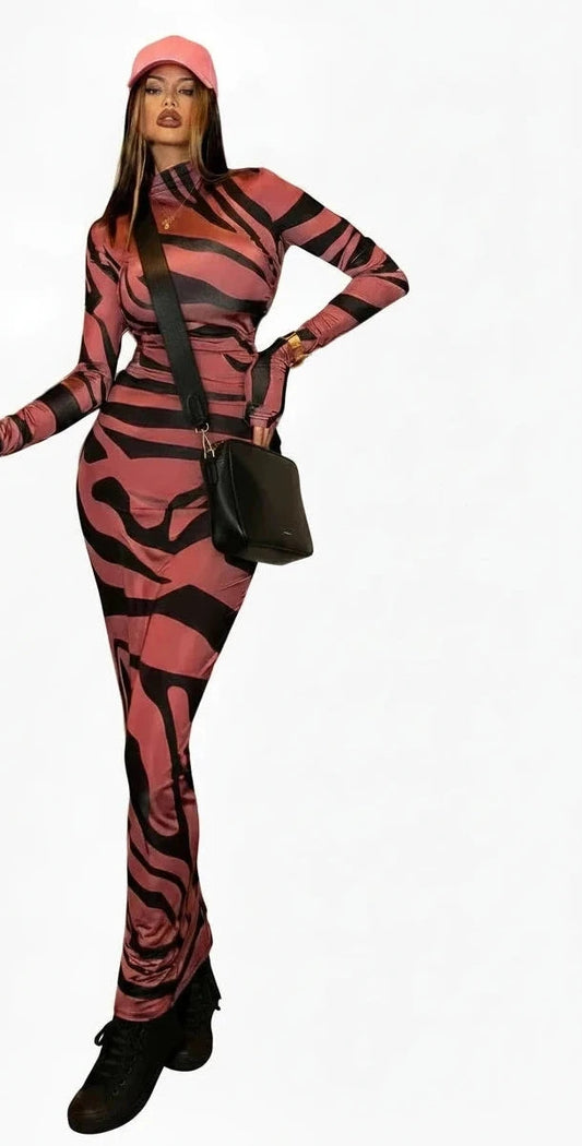 🍒Red striped long dress womens bodycon turtle neck zebra print mesh outfit clubwear party occasion wear clothing                       Catwalk Your Tiger