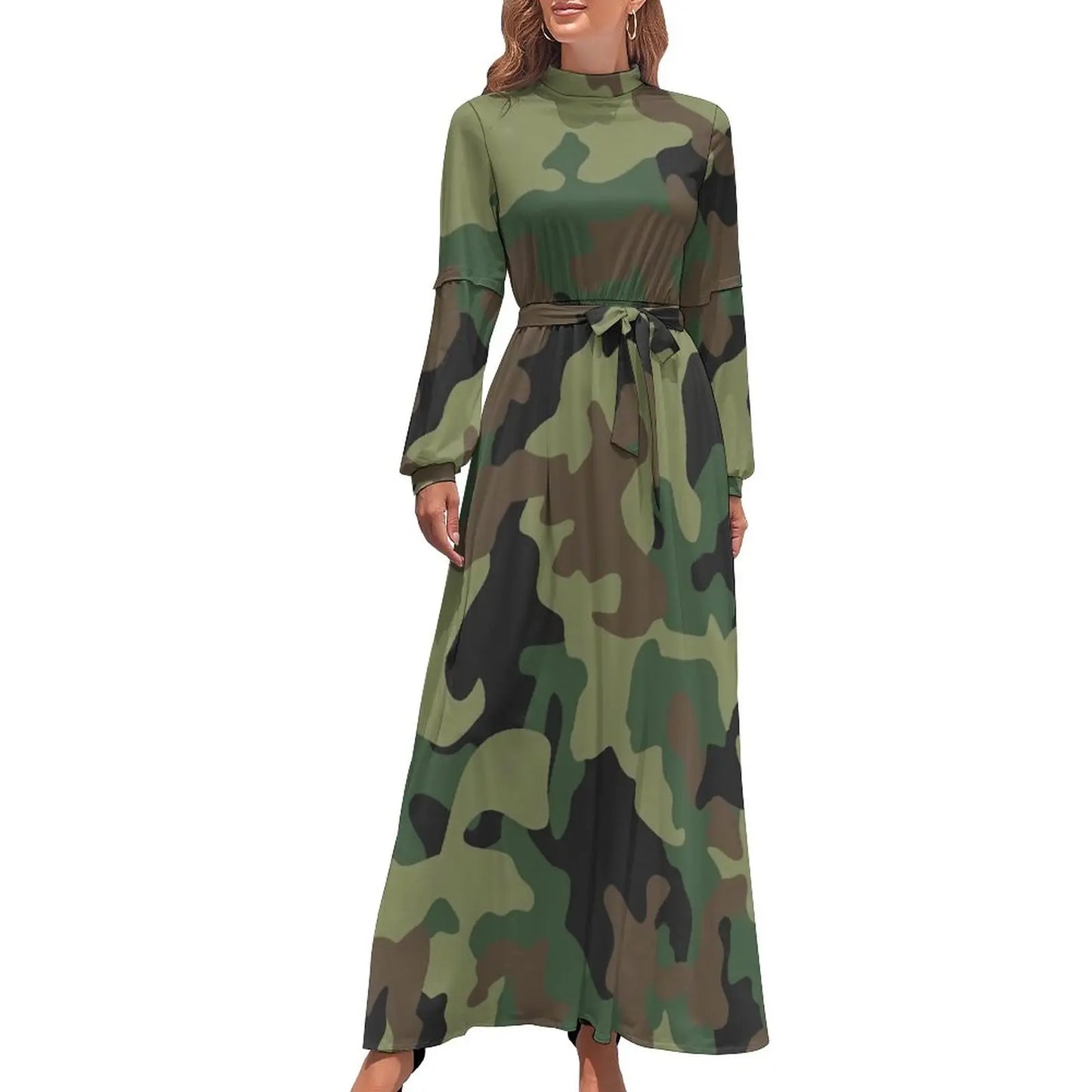 🍒Military camoflauge dress high waist outfit bohemian chic long-sleeve maxi stylish smart casual clothing women Camodel Camo