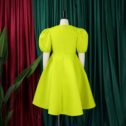 🍒Elegant dresses for woman o neck short sleeve outfit for birthday party high waisted pleated puff sleeves female fashion wear occasion wear evening party wear mid calf luxury B'day Bopper Beauty Babe