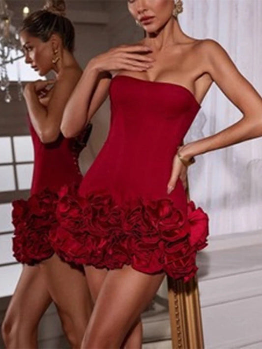 🍒Elegant red mini dress with 3D flowers women's slim fit bandeau outfit tube top dresses adjustable fishbone design party Club ocassion clothing Hot Rose