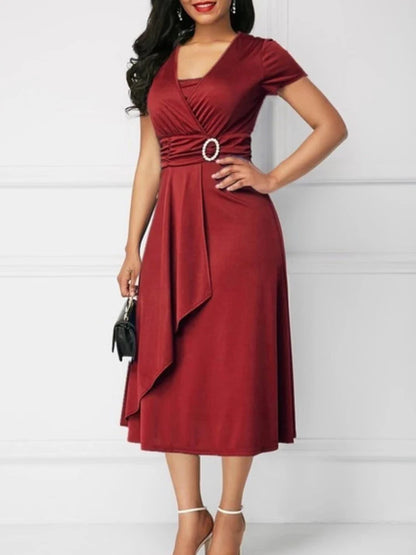 🍒Summer dress solid high waist colour short sleeve outfit v-neck fashion with Asymmetric hem midi party wear evening occasion wear  Juicy Jewels
