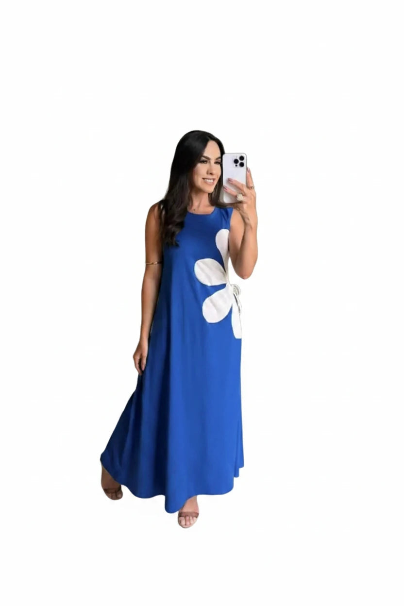 🍒Floral placement dress sleeveless summer fashion for women floral outfit printed waist hollow out maxi dress female casual wear holiday wear beach party clothing Sleeveless Back zipper vacation wear  Be A flower Girl On The Side