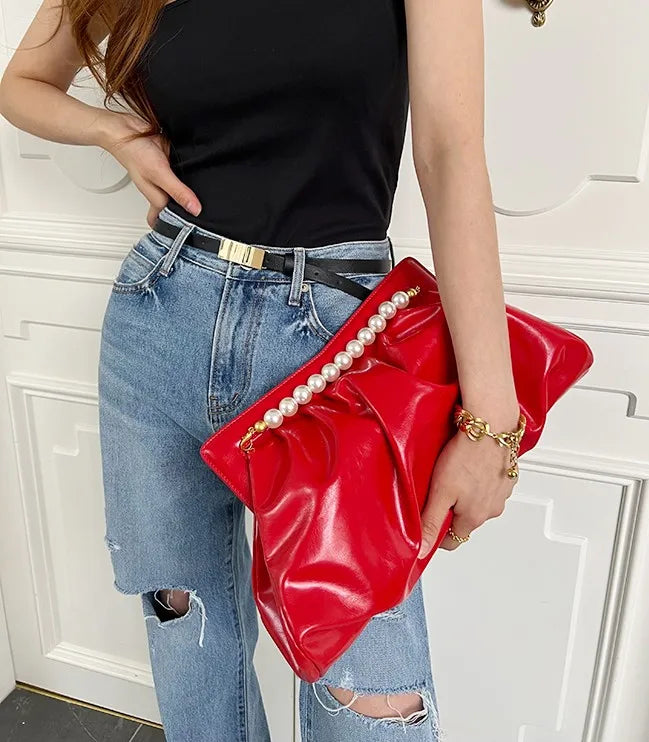 🍒Womens pleated clutch large chain design pearl handbag banquet envelope evening bag large capacity clutch for occasion smat casual accessories SHINE with a PATENT and CLUTCH your cool