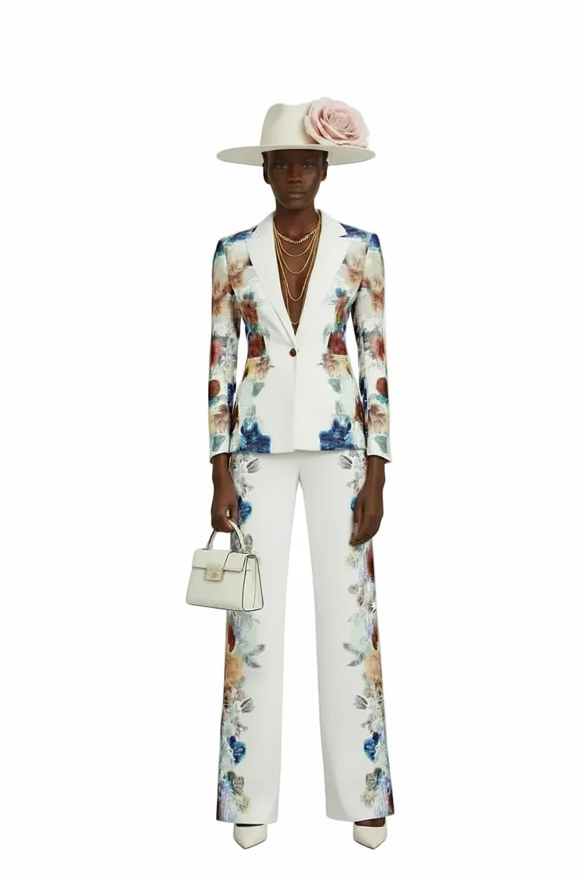 🍒Printed two piece pant set for women lapel long sleeves jacket  blazer and high waist wide leg trouser set floral fashion occasion wear party wear  keep aSIDE of FLORAL and SUITs