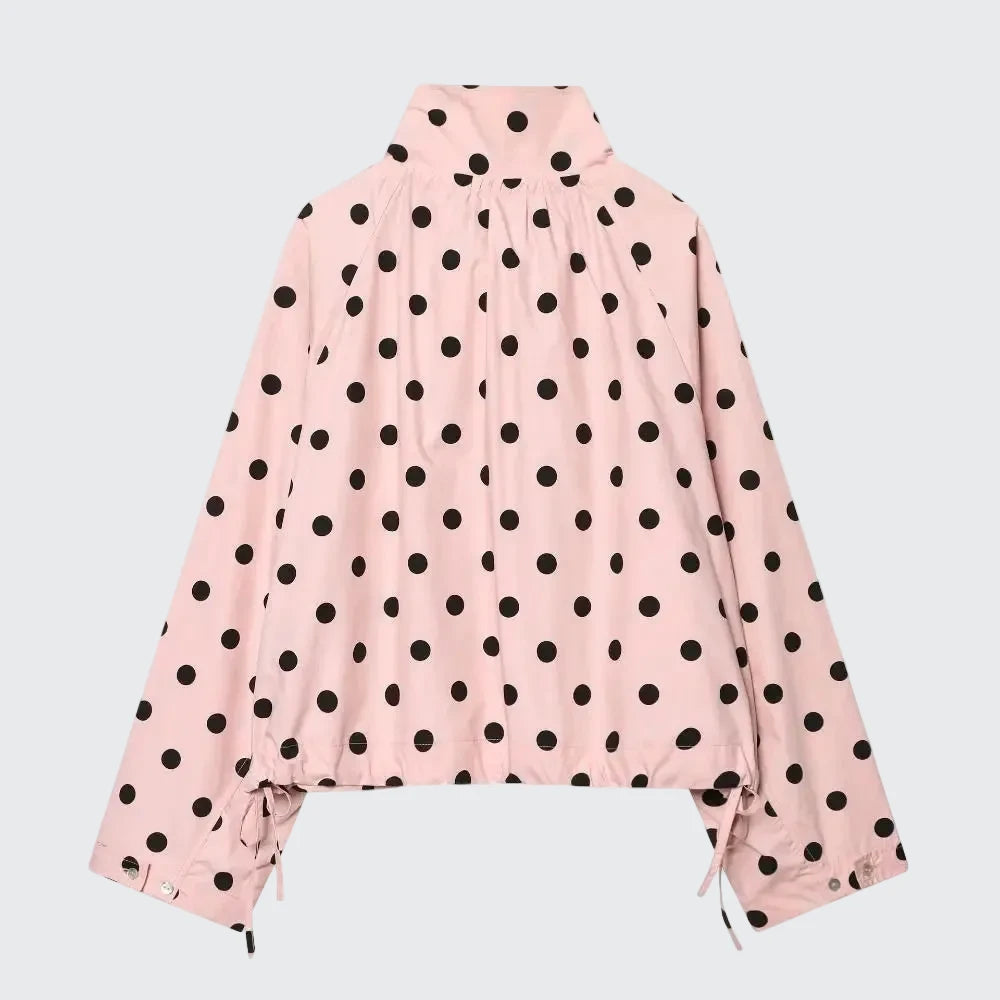 🍒Polka dot fashion pink Jackets spring/summer clothing printed loose cover up jacket top with stand collar chic casual clothing with drawstring detail  Bring Spring Sweet Thing