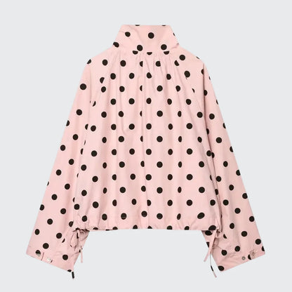 🍒Polka dot fashion pink Jackets spring/summer clothing printed loose cover up jacket top with stand collar chic casual clothing with drawstring detail  Bring Spring Sweet Thing