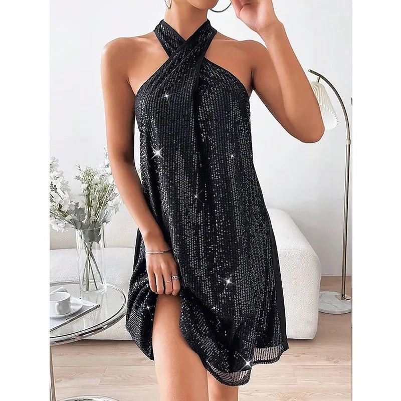🍒Halter strapless dress sparkly women's clothes strapless sequin  mini outfit sleeveless party wear occasion wear clubbing wear Slip On A-Sensual Slippy Slip