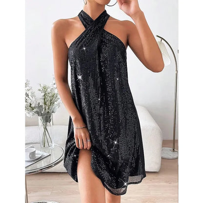 🍒Halter strapless dress sparkly women's clothes strapless sequin  mini outfit sleeveless party wear occasion wear clubbing wear Slip On A-Sensual Slippy Slip
