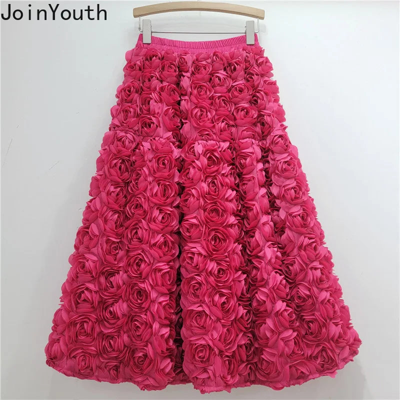 🍒3D flower skirt versatile flower mid-calf a-line fashion wear for women high waist big swing feminine outfit occasion wear party wear chic floral high waist a-line sweet solid colour clothing Pick This Rose And Put It In Your Basket