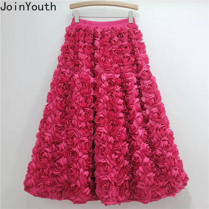 🍒3D flower skirt versatile flower mid-calf a-line fashion wear for women high waist big swing feminine outfit occasion wear party wear chic floral high waist a-line sweet solid colour clothing Pick This Rose And Put It In Your Basket