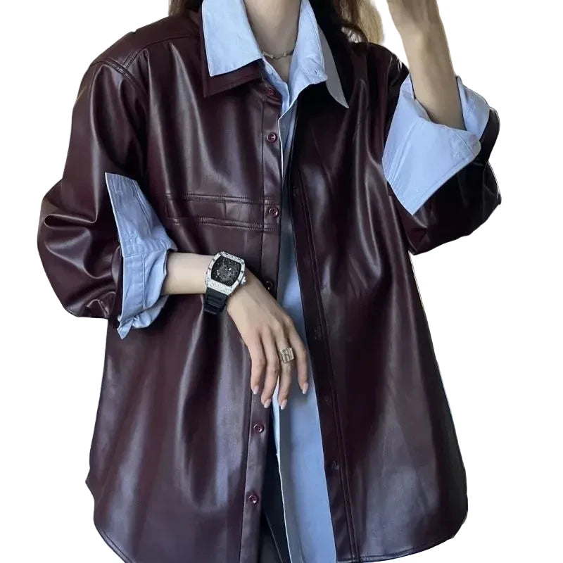 🍒Shirt style jackets faux leather womens oversized outerwear solid single breasted spring/autumn stylish vintage turn-down collar windbreak casual coats chic female clothing     Luvly Lazy-Like Leather Look